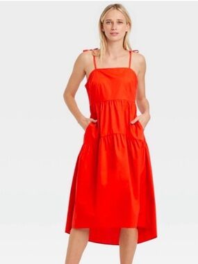 Who What Wear Bright Coral Cotton Poplin Dress L